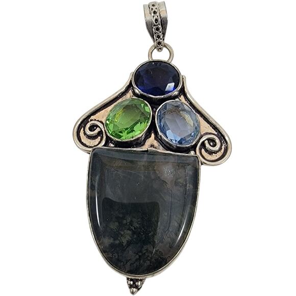 Handmade Silver Pendant with Moss Agate and Multicolor Gemstones - Picture 1 of 10